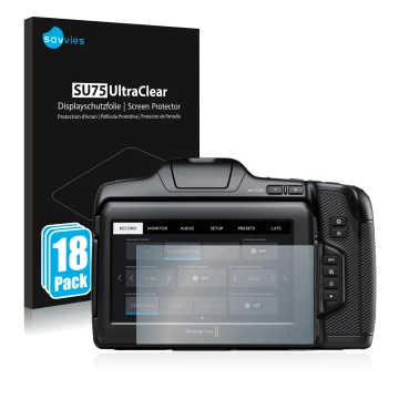 Front side of a product packaging with the brand logo Savvies. Next to it is the device Blackmagic Pocket Cinema Camera 6K Pro