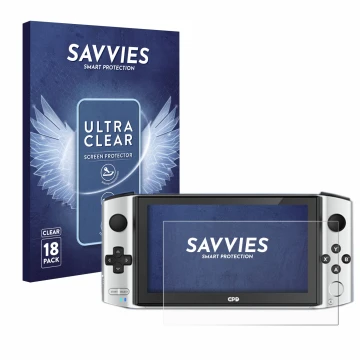 Front side of a product packaging with the brand logo Savvies. Next to it is the device GPD Win 3 shown with the corresponding