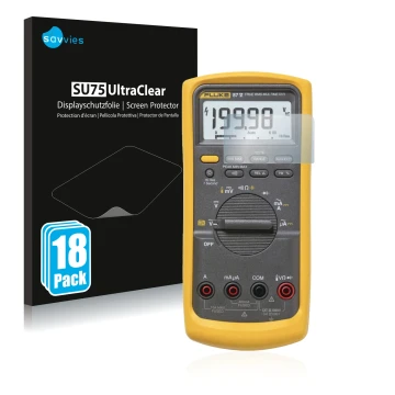 Front side of a product packaging with the brand logo Savvies. Next to it is the device Fluke 87v shown with the corresponding