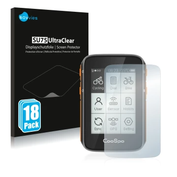 Front side of a product packaging with the brand logo Savvies. Next to it is the device CooSpo BC200 shown with the correspond