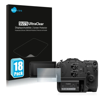 Front side of a product packaging with the brand logo Savvies. Next to it is the device Canon EOS C70 shown with the correspon