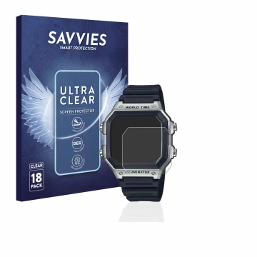 Front side of a product packaging with the brand logo Savvies. Next to it is the device Casio AE-1200WH shown with the corresp