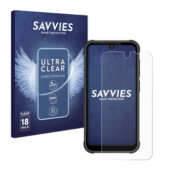 Front side of a product packaging with the brand logo Savvies. Next to it is the device Beafon MX1 shown with the correspondin
