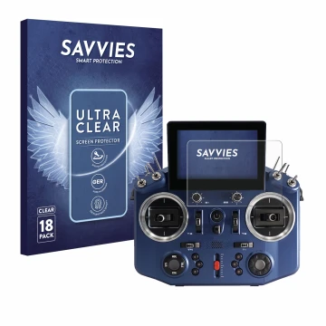Front side of a product packaging with the brand logo Savvies. Next to it is the device FrSky Horus X20 shown with the corresp