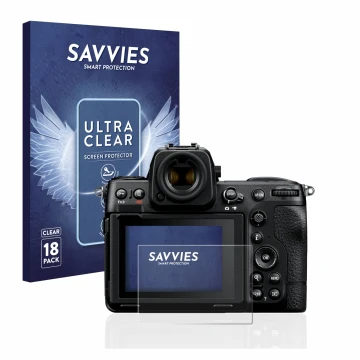 Front side of a product packaging with the brand logo Savvies. Next to it is the device Nikon Z 8 shown with the corresponding