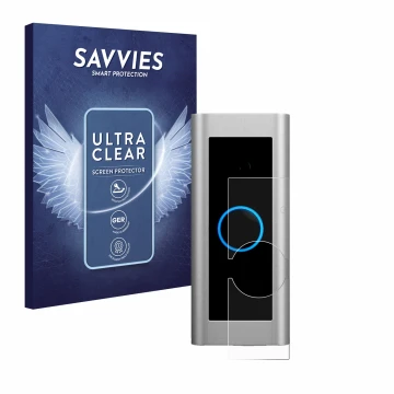 Front side of a product packaging with the brand logo Savvies. Next to it is the device Ring Video Doorbell Pro 2 shown with t