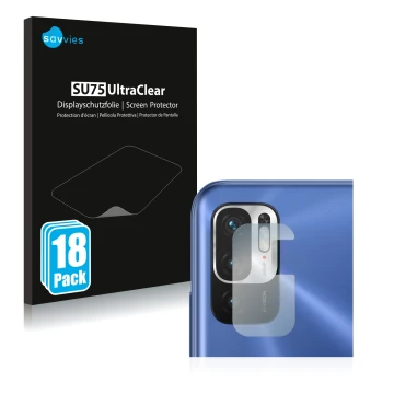 Front side of a product packaging with the brand logo Savvies. Next to it is the device Xiaomi Redmi Note 10 5G (ONLY Camera L