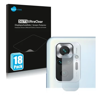 Front side of a product packaging with the brand logo Savvies. Next to it is the device Xiaomi Redmi Note 10S (ONLY Camera Len