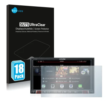 Front side of a product packaging with the brand logo Savvies. Next to it is the device Alpine iLX-702D shown with the corresp