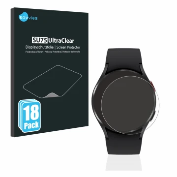 Front side of a product packaging with the brand logo Savvies. Next to it is the device Samsung Galaxy Watch 4 (40mm) shown wi