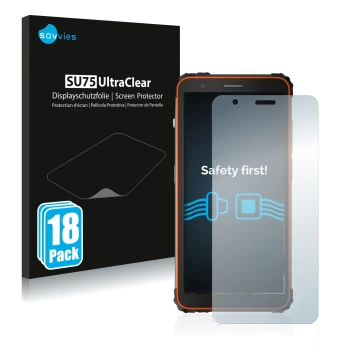 Front side of a product packaging with the brand logo Savvies. Next to it is the device Blackview BV6600 shown with the corres