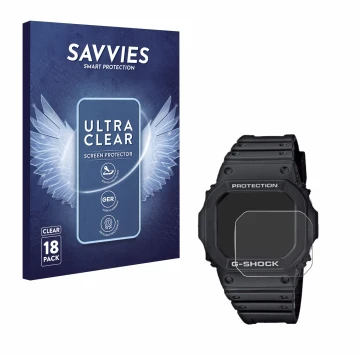 Front side of a product packaging with the brand logo Savvies. Next to it is the device Casio G-Shock GW-M5610-1ER shown with 