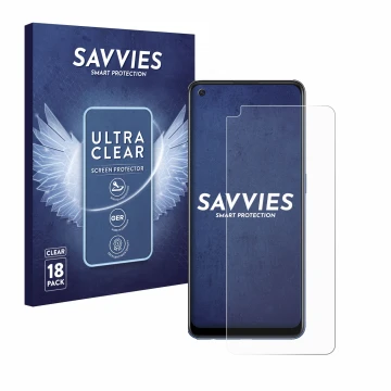 Front side of a product packaging with the brand logo Savvies. Next to it is the device Oppo A74 5G shown with the correspondi