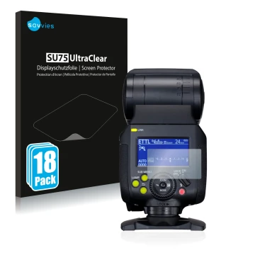 Front side of a product packaging with the brand logo Savvies. Next to it is the device Canon Speedlite EL-1 shown with the co