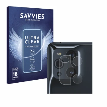 Front side of a product packaging with the brand logo Savvies. Next to it is the device Oppo Find X3 Pro (ONLY Camera Lens) sh