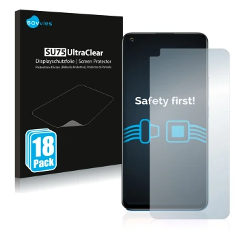 Front side of a product packaging with the brand logo Savvies. Next to it is the device realme 8 Pro shown with the correspond