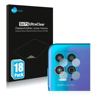 Front side of a product packaging with the brand logo Savvies. Next to it is the device Motorola Moto G100 (ONLY Camera Lens) 