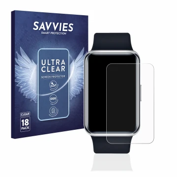 Front side of a product packaging with the brand logo Savvies. Next to it is the device Huawei Watch Fit Elegant shown with th