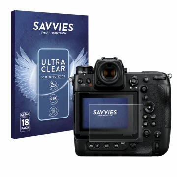 Front side of a product packaging with the brand logo Savvies. Next to it is the device Nikon Z 9 shown with the corresponding