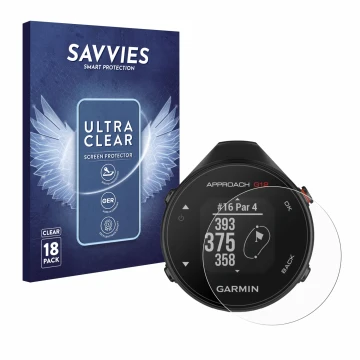 Front side of a product packaging with the brand logo Savvies. Next to it is the device Garmin Approach G12 shown with the cor
