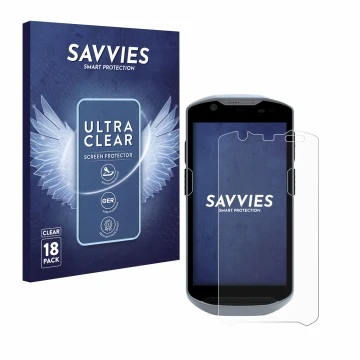 Front side of a product packaging with the brand logo Savvies. Next to it is the device Zebra TC52x shown with the correspondi