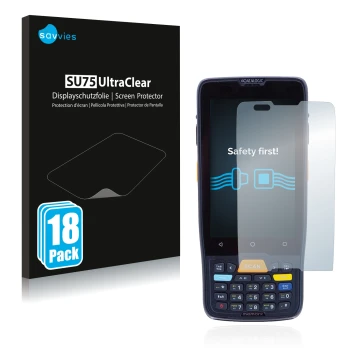 Front side of a product packaging with the brand logo Savvies. Next to it is the device Datalogic Memor K shown with the corre