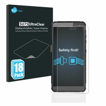 Front side of a product packaging with the brand logo Savvies. Next to it is the device i.safe MOBILE IS655.2 shown with the c