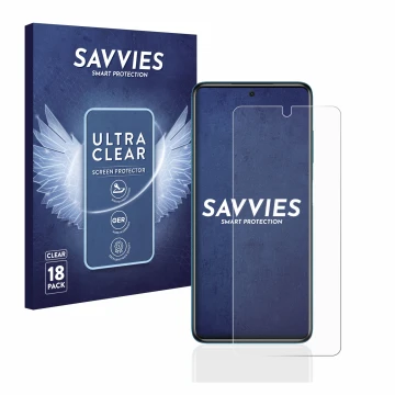 Front side of a product packaging with the brand logo Savvies. Next to it is the device Xiaomi Poco X3 Pro shown with the corr