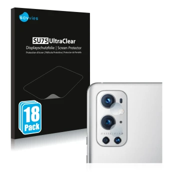 Front side of a product packaging with the brand logo Savvies. Next to it is the device OnePlus 9 Pro (ONLY Camera Lens) shown