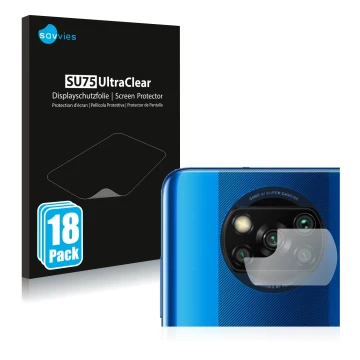 Front side of a product packaging with the brand logo Savvies. Next to it is the device Xiaomi Poco X3 Pro (ONLY Camera Lens) 