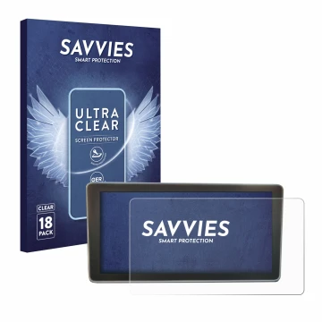 Front side of a product packaging with the brand logo Savvies. Next to it is the device Audi A4 B9 2017 MMI Plus 8