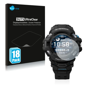 Front side of a product packaging with the brand logo Savvies. Next to it is the device Casio G-Shock GSW-H1000 shown with the