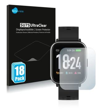 Front side of a product packaging with the brand logo Savvies. Next to it is the device Denver SW-163 shown with the correspon