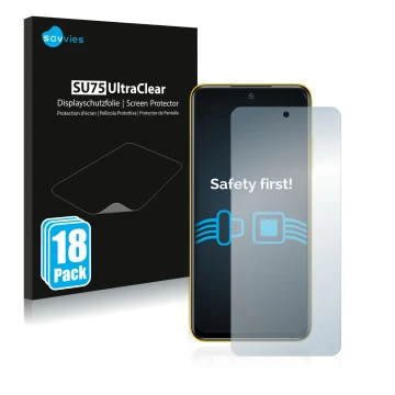 Front side of a product packaging with the brand logo Savvies. Next to it is the device Xiaomi Poco M3 Pro 5G shown with the c