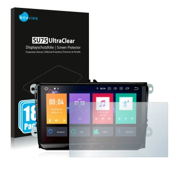 Front side of a product packaging with the brand logo Savvies. Next to it is the device Xtrons PBE90MTVL shown with the corres