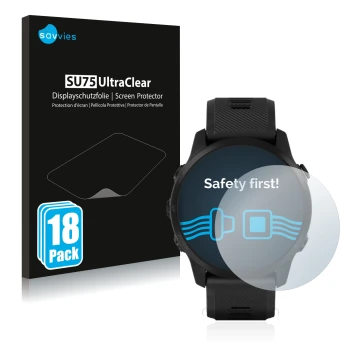 Front side of a product packaging with the brand logo Savvies. Next to it is the device Garmin Forerunner 945 LTE shown with t