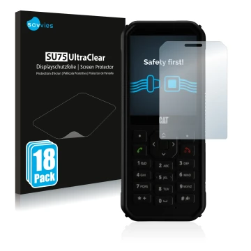 Front side of a product packaging with the brand logo Savvies. Next to it is the device Caterpillar Cat B40 shown with the cor