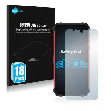 Front side of a product packaging with the brand logo Savvies. Next to it is the device Ulefone Armor 8 Pro shown with the cor