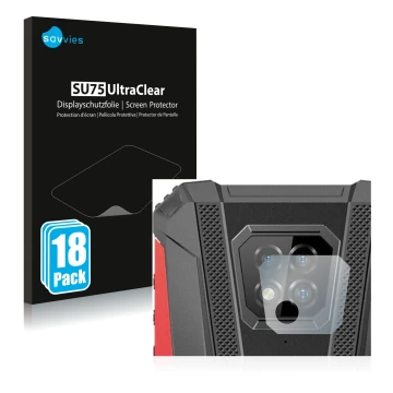 Front side of a product packaging with the brand logo Savvies. Next to it is the device Ulefone Armor 8 Pro (ONLY Camera Lens)