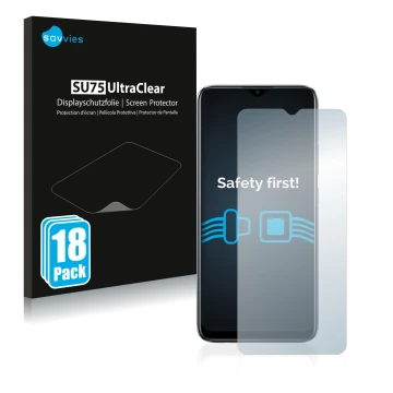 Front side of a product packaging with the brand logo Savvies. Next to it is the device realme C11 2021 shown with the corresp