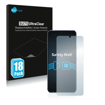 Front side of a product packaging with the brand logo Savvies. Next to it is the device Vivo V21 5G shown with the correspondi