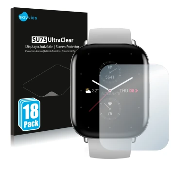Front side of a product packaging with the brand logo Savvies. Next to it is the device Huami Amazfit Zepp E Square shown with
