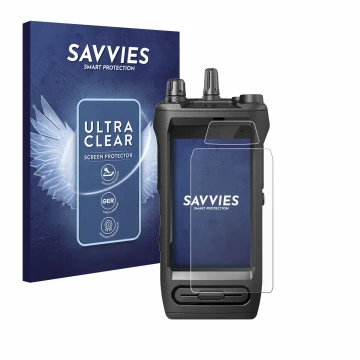 Front side of a product packaging with the brand logo Savvies. Next to it is the device Motorola Mototrbo Ion shown with the c