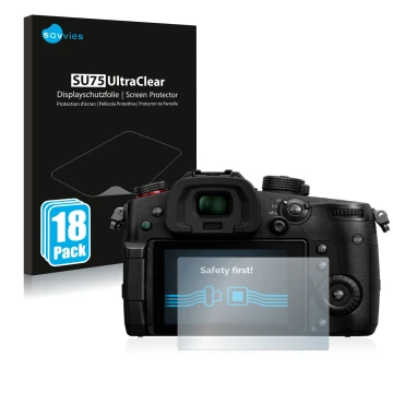 Front side of a product packaging with the brand logo Savvies. Next to it is the device Panasonic Lumix DC-GH5 II shown with t