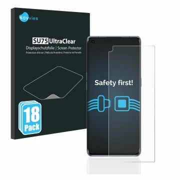 Front side of a product packaging with the brand logo Savvies. Next to it is the device Oppo Reno 6 Pro Plus 5G shown with the
