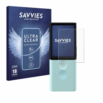 Front side of a product packaging with the brand logo Savvies. Next to it is the device Vasco Translator M3 shown with the cor