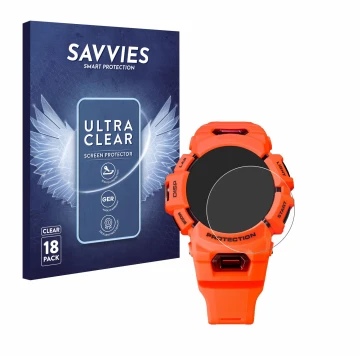 Front side of a product packaging with the brand logo Savvies. Next to it is the device Casio G-Shock GBA-900 shown with the c