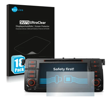 Front side of a product packaging with the brand logo Savvies. Next to it is the device Xtrons PQ7046B shown with the correspo