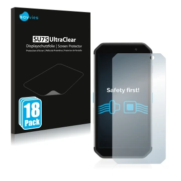 Front side of a product packaging with the brand logo Savvies. Next to it is the device Almex AiM TC601 shown with the corresp