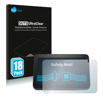 Front side of a product packaging with the brand logo Savvies. Next to it is the device Amazon Echo Show 8 2021 (2nd Gen.) sho